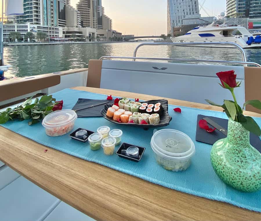 2-Hrs Private Romantic Sunset Cruise with Sushi and Drinks - Romantic Sunset Cruise in Dubai Marina, JBR, and Palm Lagoon