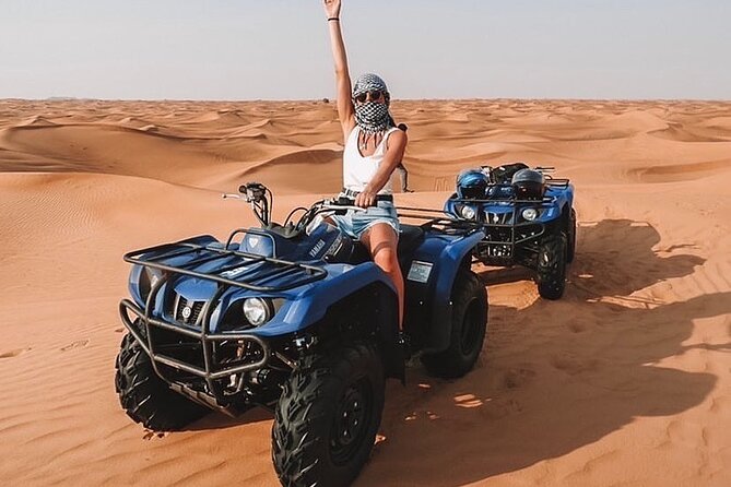Desert Safari Dubai 25 minutes Quad Bike Free Camel Ride BBQ Dinner - Camel Ride and Sandboarding, Short and Sweet