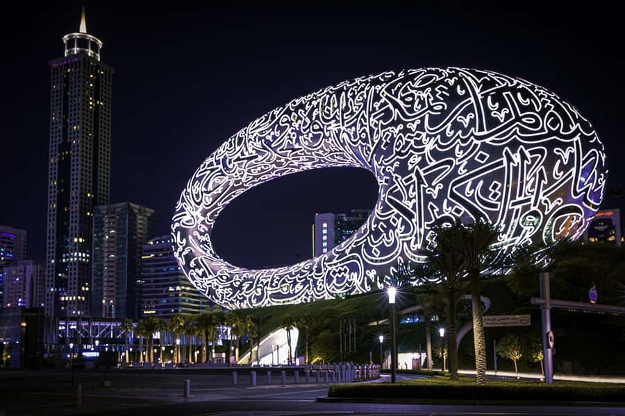 Dubai: Big Bus Panoramic Night Tour & Optional Dinner Cruise - Museum of the Future at night: Why the building matters
