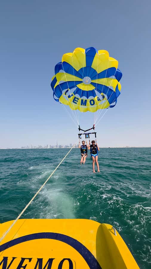 Dubai: Burj Al Arab Parasailing, Ice Cream, Pics, and Videos - Burj Al Arab and Burj Khalifa views, with a realistic wind plan