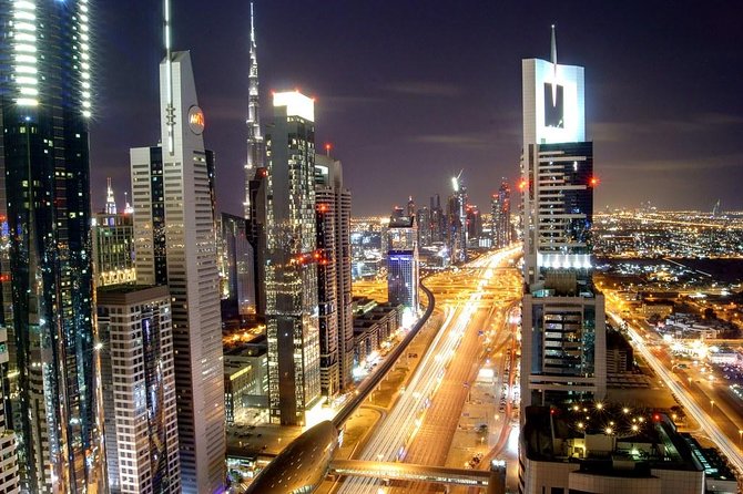 Dubai City Tour By Night With Burj Khalifa Ticket - Jumeirah Crescent to Jumeirah Zabeel Saray, with Marina skyline views