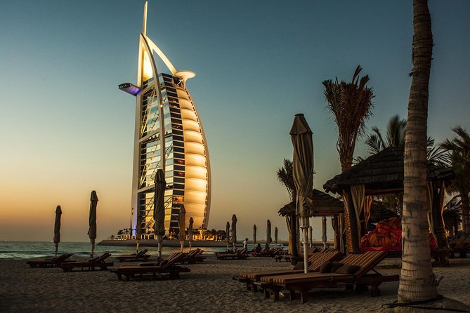 Dubai City Tour with Desert Safari, Camel Ride, Dune Bashing & BBQ - Downtown Dubai photos, Jumeirah Mosque drive-by, and Burj Al Arab beach angles