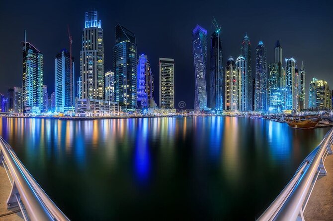 Dubai Marina Dhow Cruise Including Pick Up & DROP OFF SHARING - Dubai Marina at night, with major landmarks on the route