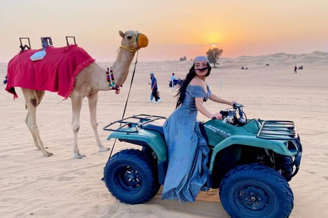 Dubai Premium Evening Desert Safari ATVs, Dinner & Shows - Lahbab red dunes: helmets on, safety first, then you ride