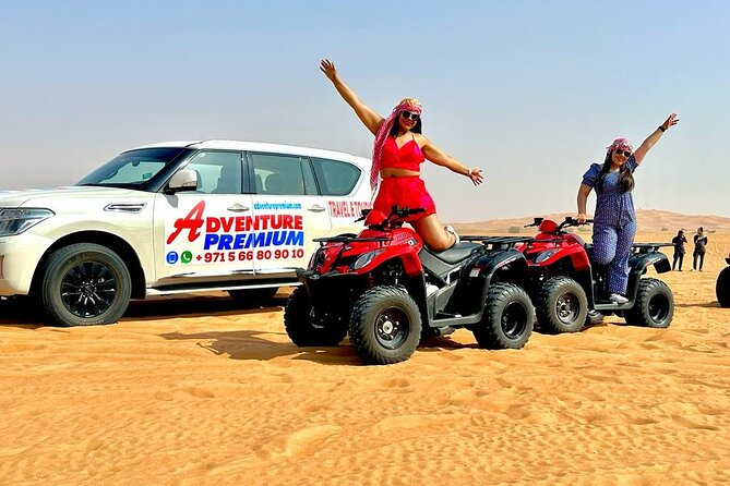 Dubai Premium Red Dunes, Quad Bike, Camel Ride, Sand Surfing & 5<em> BBQ – Key highlights worth prioritizing’ /></p>
<ul>
<li><strong>30 to 45 minutes of dune bashing</strong> in Lahbab red dunes, the main reason this one feels longer and more satisfying</li>
<li><strong>Quad bike fun with a guided setup</strong>, plus a camel ride and sandboarding included in the flow</li>
<li><strong>Camp entertainment package</strong>: fire show, Tanoura show, traditional customs, and more</li>
<li><strong>Shisha and henna are part of the experience</strong> along with falcon photos and sweets</li>
<li><strong>BBQ dinner with veg and non-veg options</strong>, finished with live music and dancing</li>
<li><strong>Pickup and drop-off in a 4×4</strong>, plus a short photo pause where guides take pictures for you</li>
</ul>
<div class="twil" style="margin: 20px 0; padding: 15px 0;"><p>The red sand runs a long way. More of it here</p><ul style="margin: 10px 0; padding-left: 0; list-style: none;"><li style="margin: 0 0 12px 0; padding: 0 0 12px 0; border-bottom: 1px solid #eee; line-height: 1.4;"><a href="https://uaetourreviews.com/dubai-red-dune-safari-quad-bike-camel-ride-bbq-dinner/">Dubai: Red Dune Safari, Quad Bike, Camel Ride, BBQ Dinner</a><br><span style="font-size: 0.82em; color: #555;"><span style="color: #c2703a;">★</span> 4.9 · 32,185 reviews</span></li><li style="margin: 0 0 12px 0; padding: 0 0 12px 0; border-bottom: 1px solid #eee; line-height: 1.4;"><a href="https://uaetourreviews.com/dubai-red-dunes-atv-camels-stargazing-5-bbq-al-khayma-camp/">Dubai Red Dunes ATV, Camels, Stargazing & 5* BBQ Al Khayma Camp</a><br><span style="font-size: 0.82em; color: #555;"><span style="color: #c2703a;">★</span> 5.0 · 21,620 reviews</span></li><li style="margin: 0 0 12px 0; padding: 0 0 12px 0; border-bottom: 1px solid #eee; line-height: 1.4;"><a href="https://uaetourreviews.com/dubai-premium-red-dunes-safari-camels-5-bbq-at-al-khayma-camp/">Dubai Premium Red Dunes Safari, Camels & 5* BBQ at Al Khayma camp</a><br><span style="font-size: 0.82em; color: #555;"><span style="color: #c2703a;">★</span> 5.0 · 12,388 reviews</span></li><li style="margin: 0; padding: 0; border-bottom: none; line-height: 1.4;"><a href="https://uaetourreviews.com/dubai-desert-discovery-red-dunes-safari-sandboard-camel-ride/">Dubai Desert Discovery: Red Dunes Safari, Sandboard & Camel Ride</a><br><span style="font-size: 0.82em; color: #555;"><span style="color: #c2703a;">★</span> 5.0 · 7,653 reviews</span></li></ul></div><h2 id="lahbab-red-dunes-and-why-the-dune-time-matters">Lahbab red dunes, and why the dune time matters</h2>
<p> BBQ – Lahbab red dunes, and why the dune time matters’ /><br />
Dubai desert safaris can feel similar from the brochure: dune bashing, dinner, dancing, repeat. What changes the vibe here is that you get a meaningful block of time in the red dunes near Lahbab, around <strong>30 to 45 minutes</strong> of dune bashing. That extra time matters because it lets the driving build from fun into full thrill mode, without you feeling like the action ended right when you got comfortable.</p>
<p><p>And the location is close enough to Dubai that the plan stays efficient. You’re roughly <strong>45 minutes</strong> by car from Dubai to the Lahbab desert. In a good safari, travel time should set you up for the evening, not eat the whole day. Here, the timing helps.</p>
</p>
<p><p>One practical detail I like: before heading into the dunes, you’ll transfer and deflate tires. That is the normal desert-safari move that makes the ride easier on the vehicle and helps with grip. It also gives you a clue that this operator expects to go properly off-road, not just do a few bumps.</p>
</p>
<h2 id="getting-to-the-desert-in-a-4x4-and-what-your-afternoon-looks-like">Getting to the desert in a 4×4, and what your afternoon looks like</h2>
<p><img width="669" height="446" decoding="async" src=