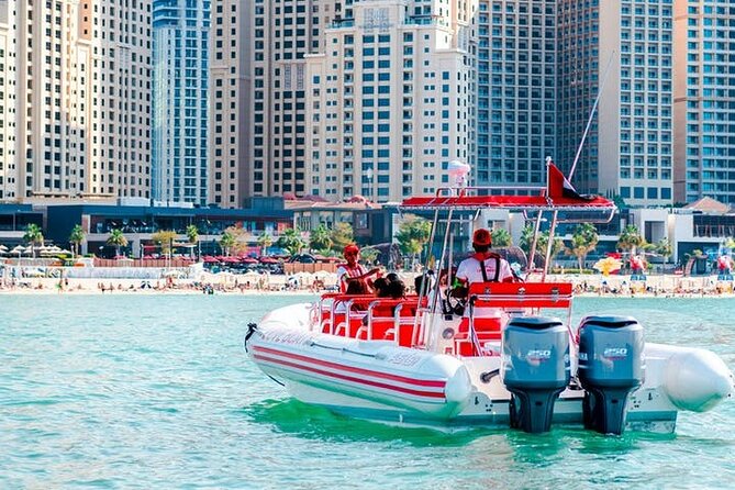 Dubai Speedboat Tour, Marina, Atlantis, Palm & Burj Al Arab - Palm Jumeirah from the sea: outer edges, Palm Lagoon hotels, and Atlantis angles