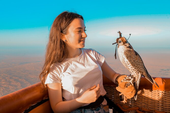 Hot Air Balloon Ride & In-flight Falcon Show including Transfers - Floating over Dubai Desert at sunrise