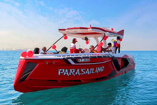 Parasailing in Dubai with Palm Jumeirah and JBR Beach views - The Short Boat Run From Dubai Harbour to JBR Beach