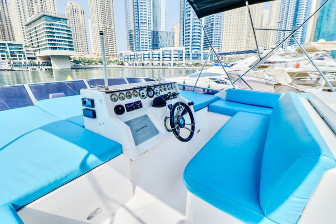 Private Luxury Yacht cruise around Atlantis and Dubai Marina - Inside the Yacht: Sun Deck, Flybridge, Cabins, Kitchen, and Toilets