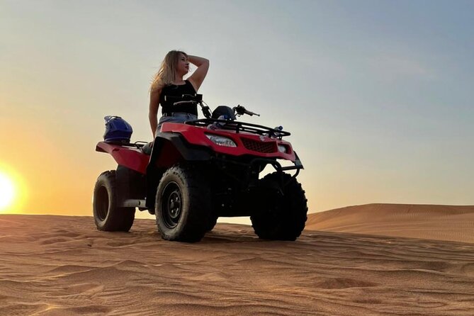 QUAD BIKE self Drive with Desert safari Full Program - Al Madam Dune Driving, Sunset Photos, and Sandboarding Moments
